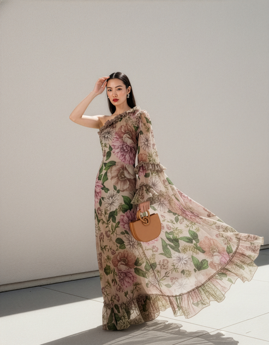 Floral Ruffle One Shoulder Dress