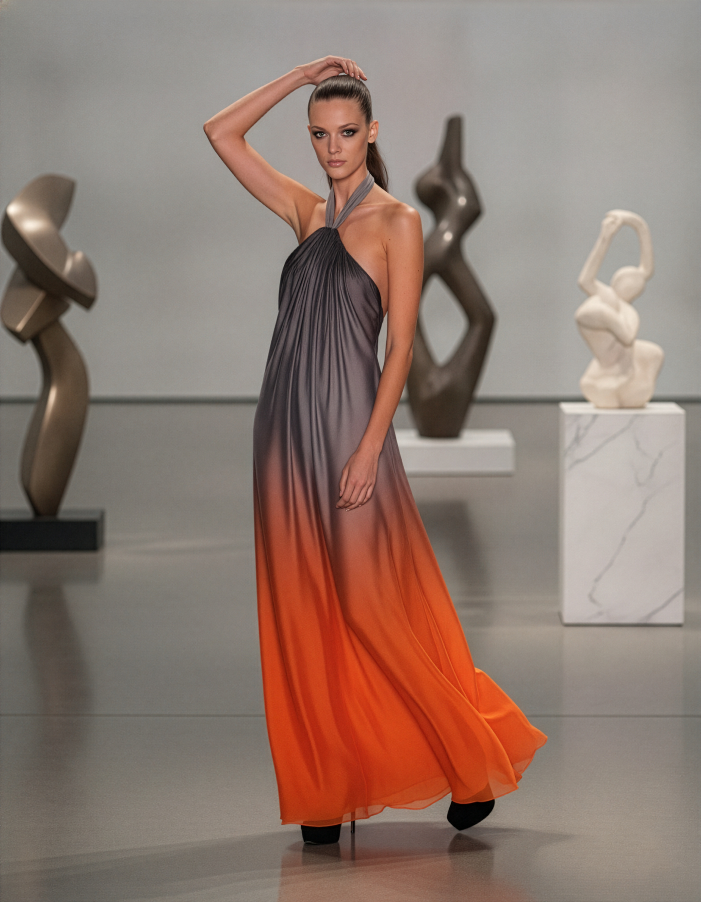 Grey Orange Ombre Halter Gown