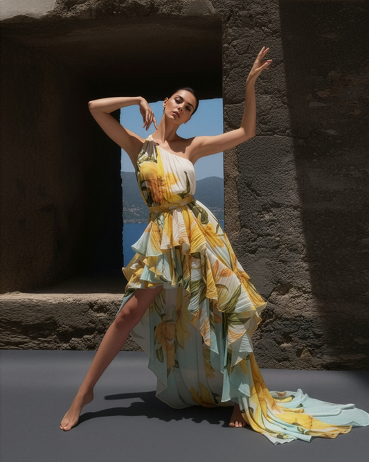 LUXE Lily ColourBlock Ruffle One Shoulder Gown