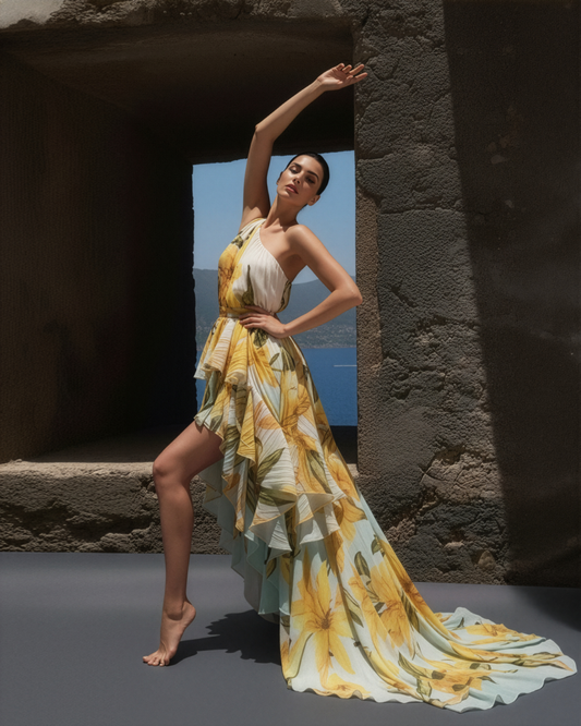 LUXE Lily ColourBlock Ruffle One Shoulder Gown