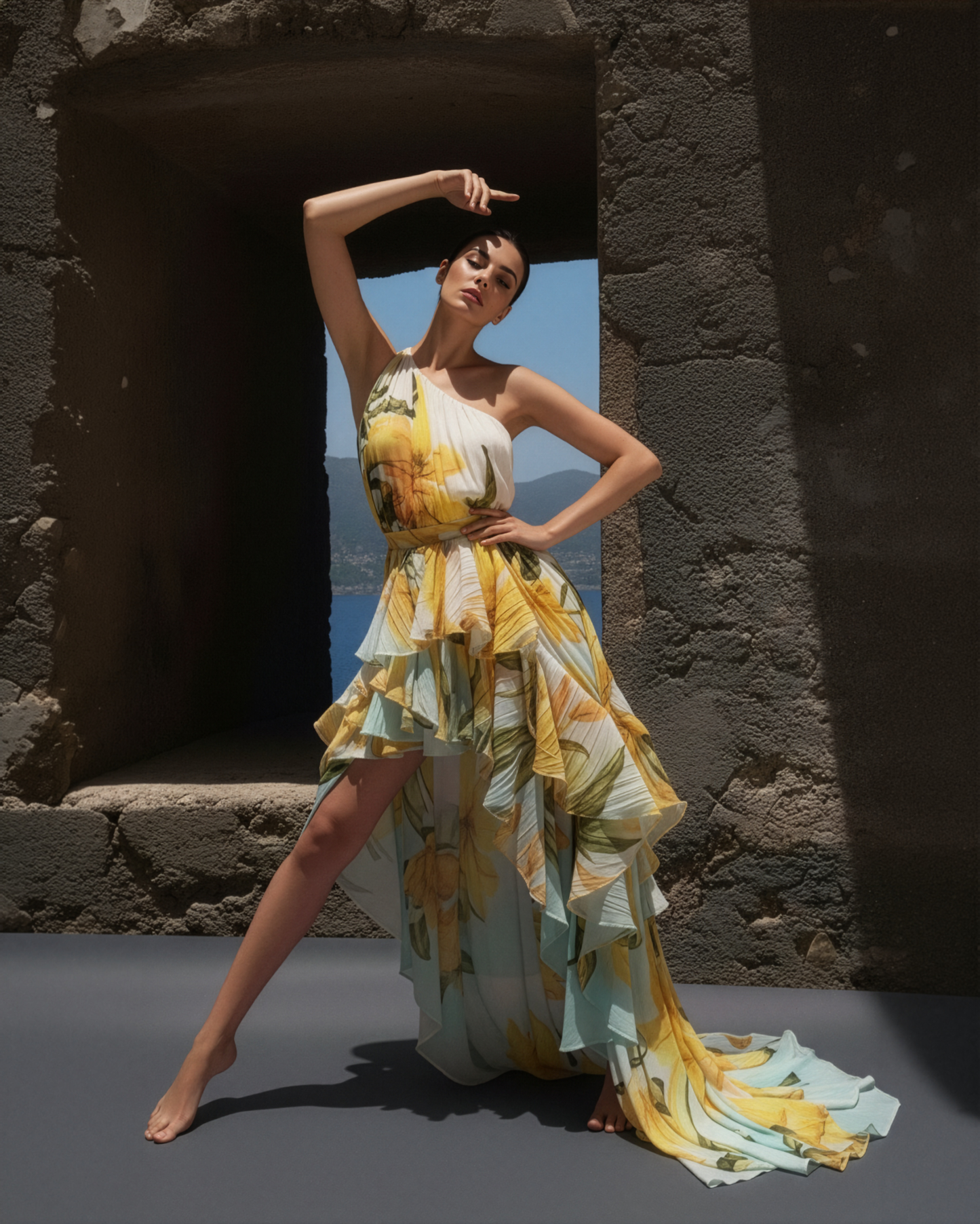 LUXE Lily ColourBlock Ruffle One Shoulder Gown