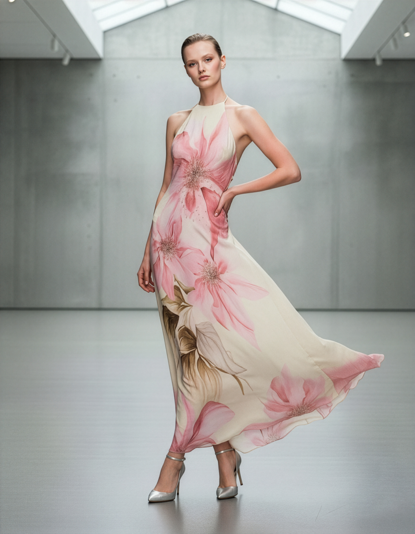 Cream Pastel Pink Flower Halter Dress