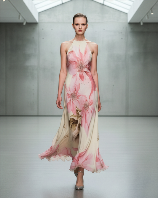 Cream Pastel Pink Flower Halter Dress