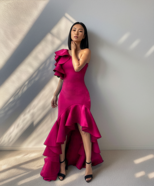 LUXE Fuscia Ruffle One Gown