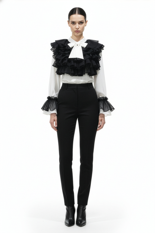White Black Ruffle Drama Top