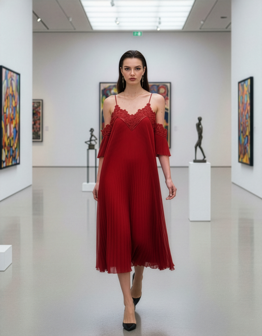 CLEARANCE - Red Cold-Shoulder Lace Dress