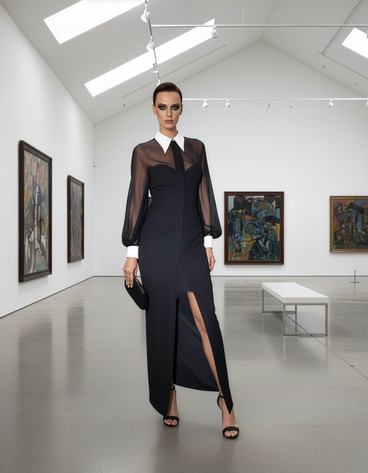 LUXE Sheer Shirt Panel Gown