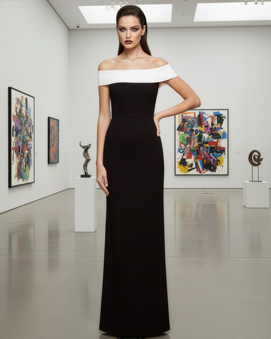 LUXE Black White Off Shoulder Gown