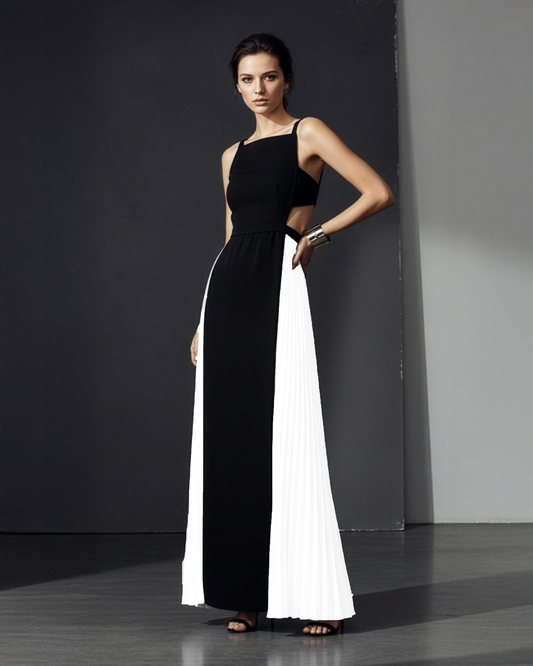 LUXE Black White Panel Cut-Out Gown