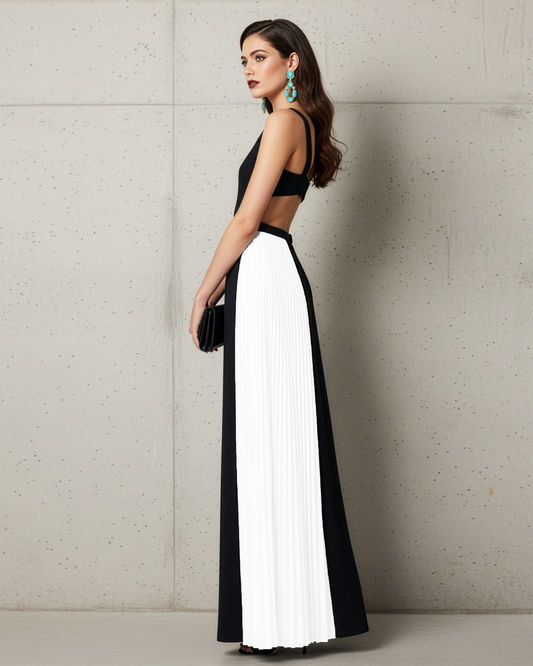 LUXE Black White Panel Cut-Out Gown
