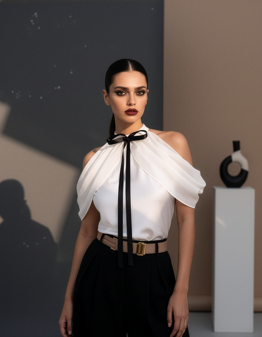 White Bow Cold Shoulder Layered Top