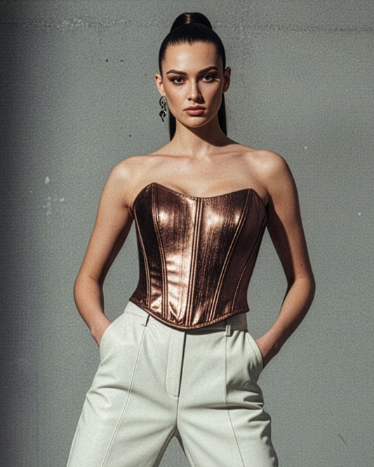 Model wearing a metallic bronze corset top and light-colored pants against a gray background