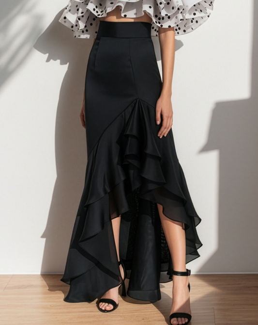 LUXE Black Asymmetric Ruffle Skirt