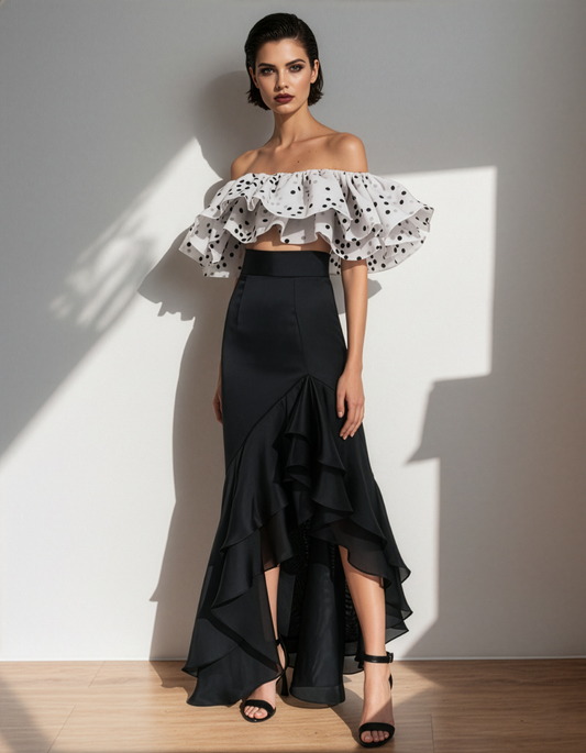 LUXE Black Asymmetric Ruffle Skirt