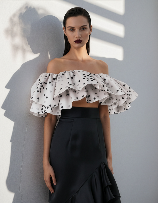 Polka Ruffle Off Shoulder Top