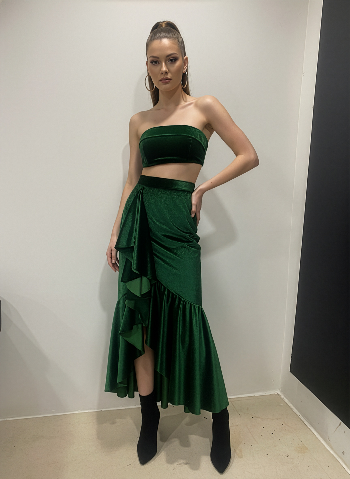 Emerald Ruffle Velvet Skirt
