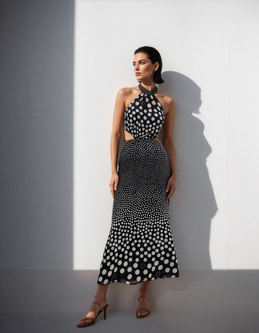 Polka Black White Halter Dress