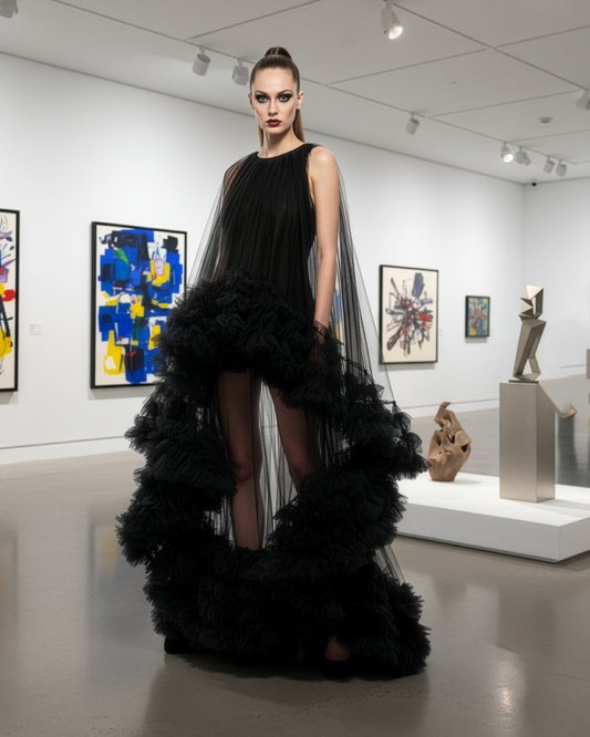 LUXE Tulle Ruffle Drama Black Gown