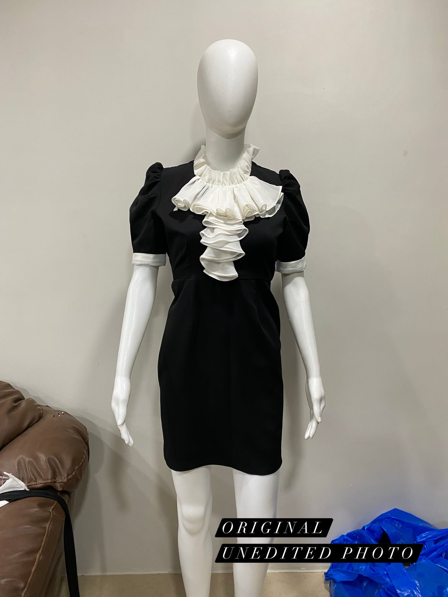 Black White Ruffle Neck Dress