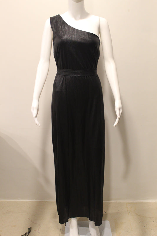 A pleated metallic black maxi dress with a one-shoulder design displayed on a mannequin.