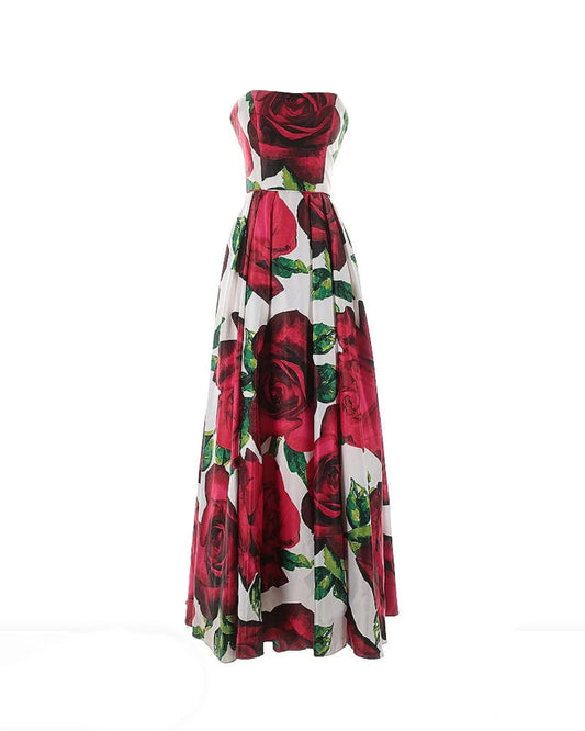 Floral strapless dress with red roses on a white background