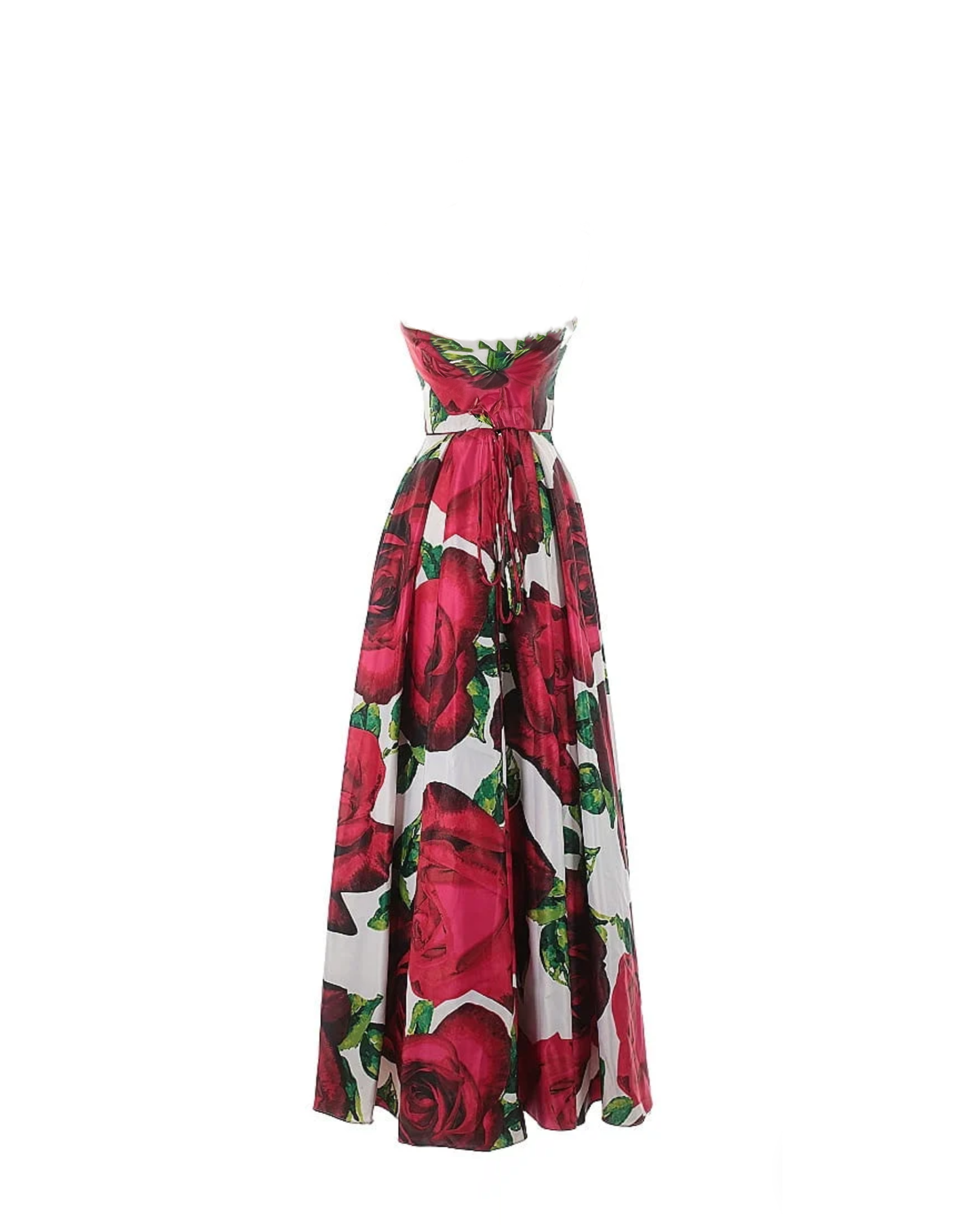 Floral dress with red roses on a white background