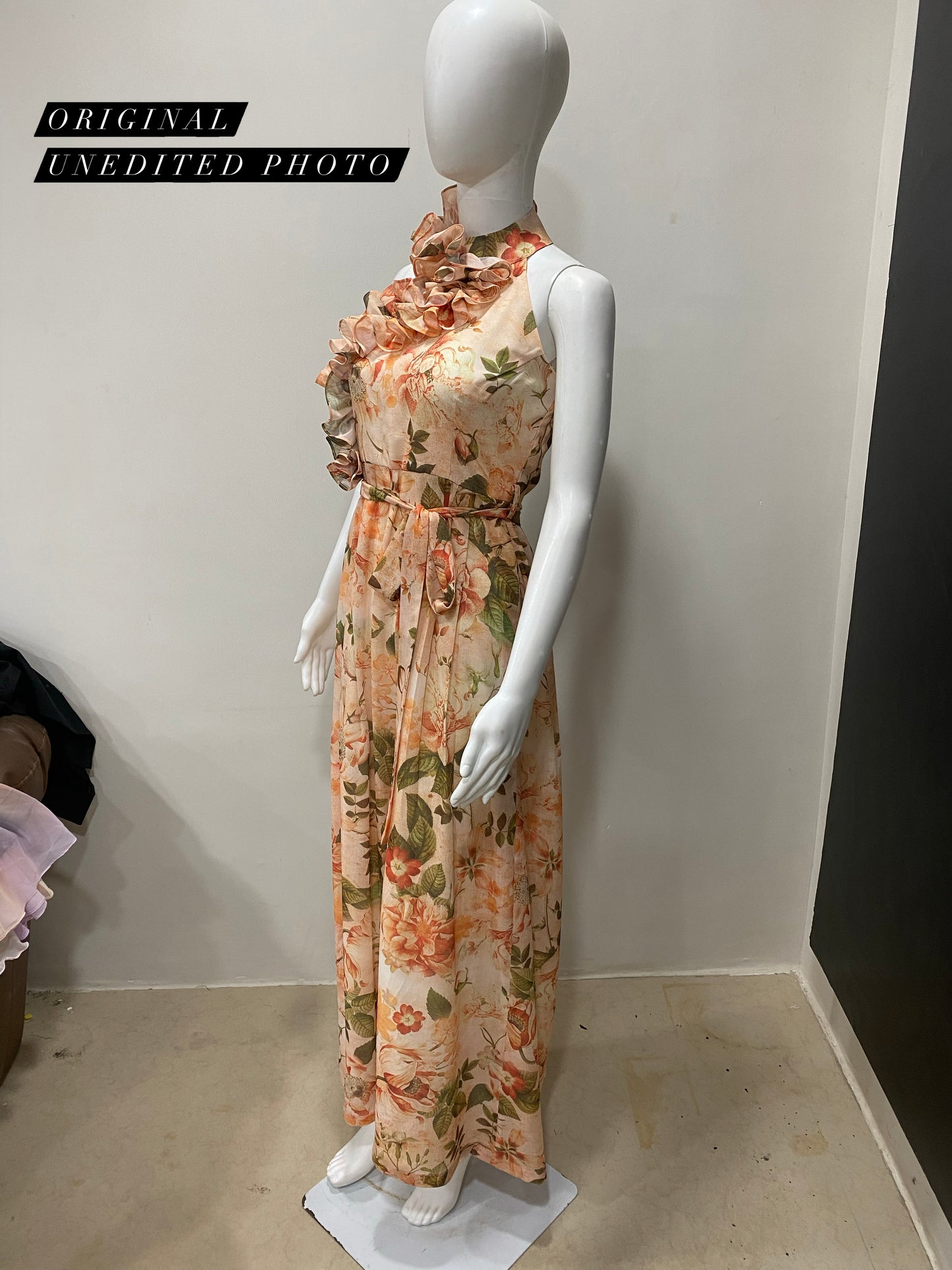 LUXE Floral Ruffle Halter Vintage Gown