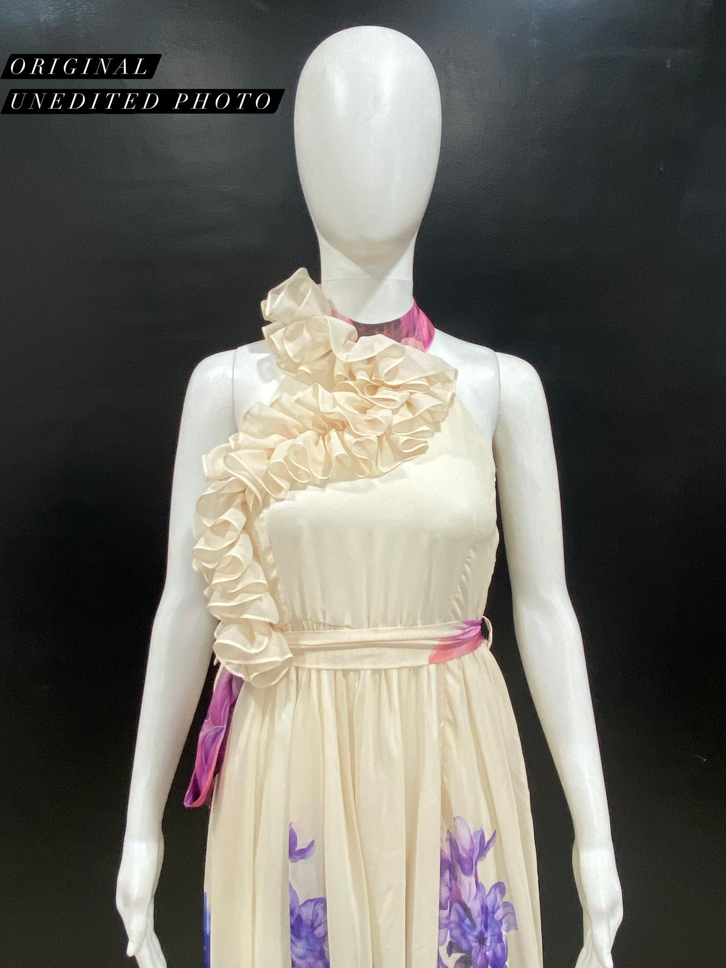 LUXE FlowerPaint Ruffle Halter Gown