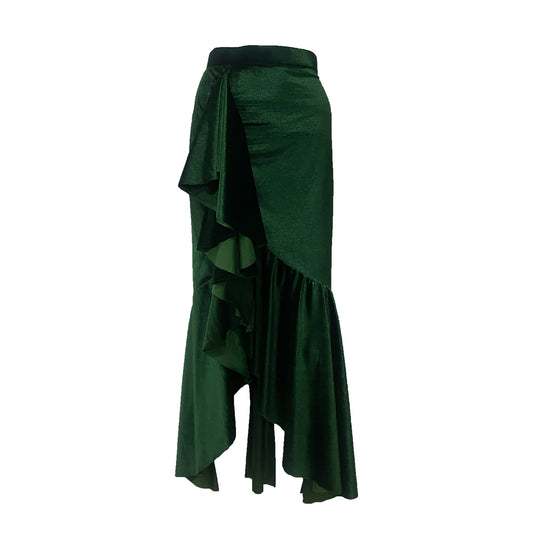 An asymmetric emerald velvet midi skirt with a ruffle hemline.