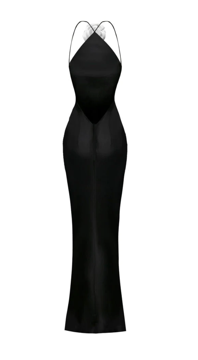 LUXE Black Halter Rose Gown