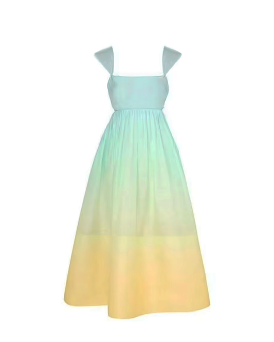 A pastel-colored midi dress with an ombre design, transitioning from blue at the top to yellow at the bottom, with a square neckline and sleeveless design.