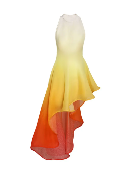 A sleeveless, ombre yellow to orange pastel dress with a high-low hemline.