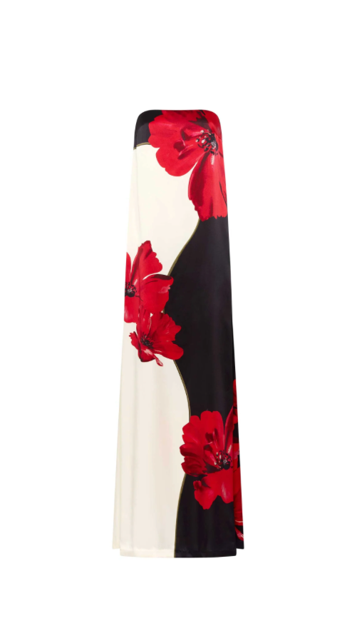 Long dress with red floral pattern on a white background