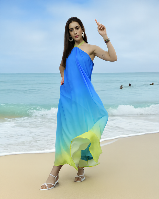 Blue Yellow Ombre Halter Gown