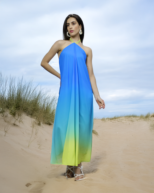 Blue Yellow Ombre Halter Gown