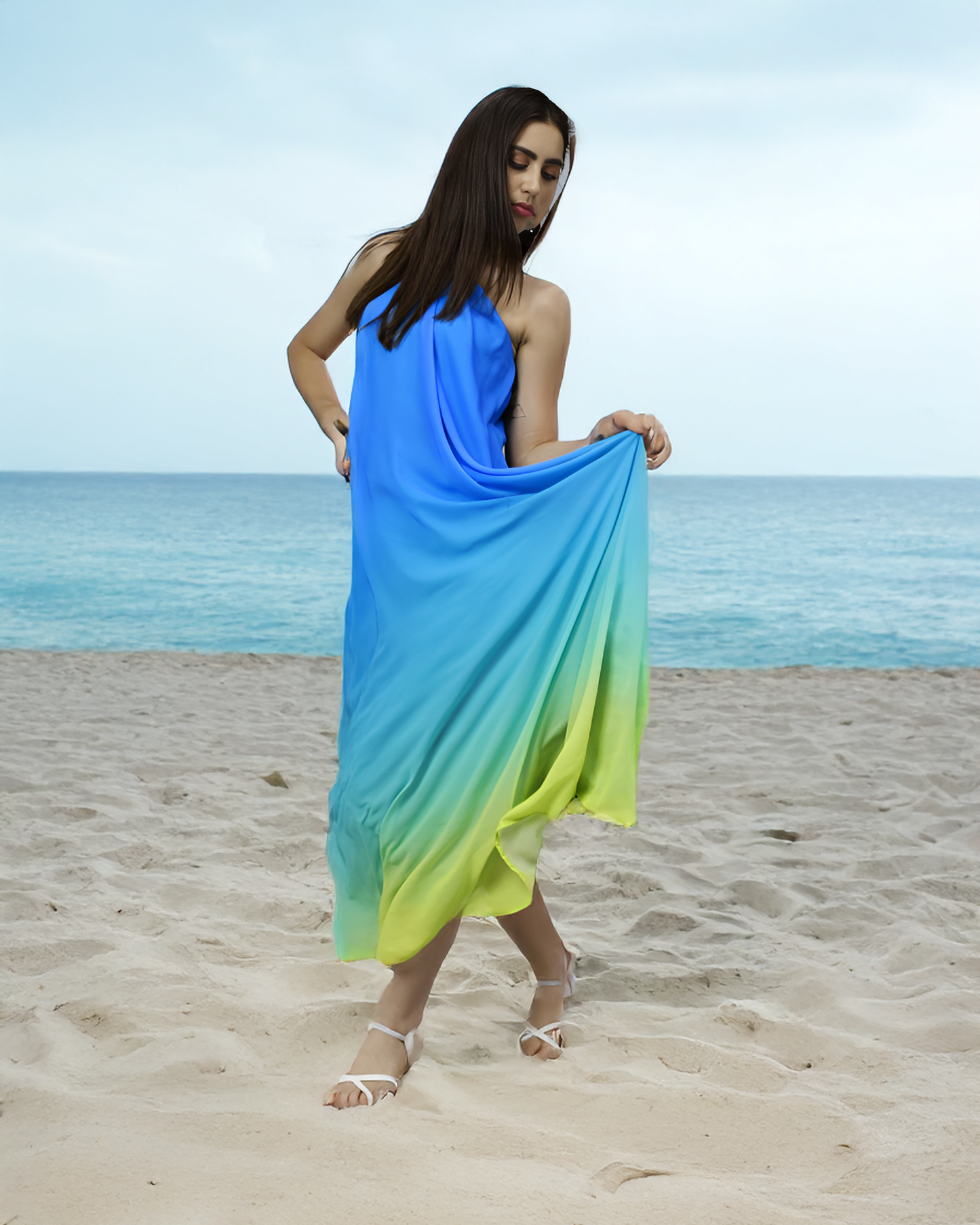 Blue Yellow Ombre Halter Gown