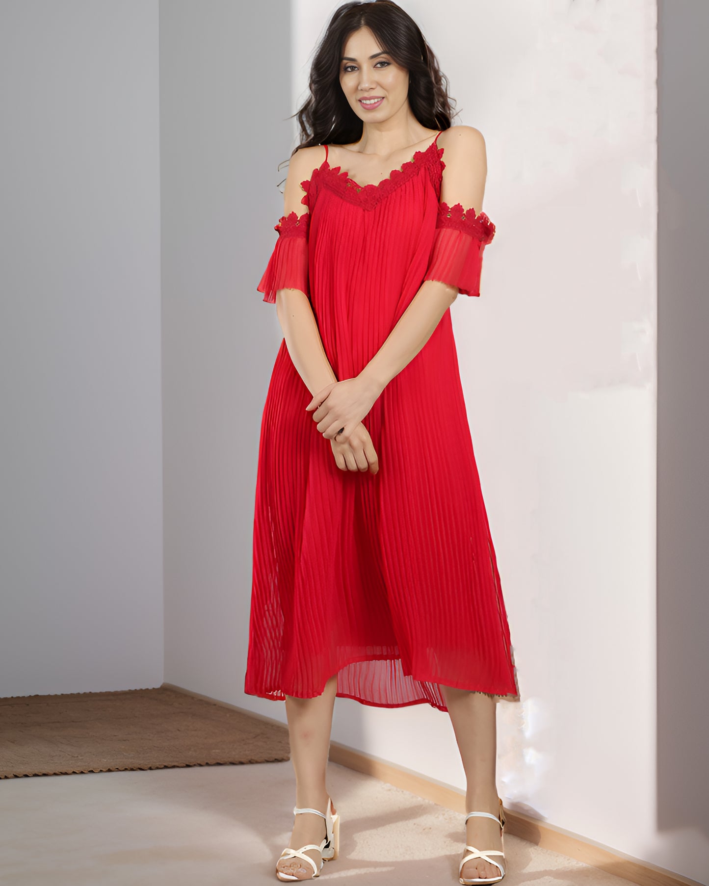 CLEARANCE - Red Cold-Shoulder Lace Dress