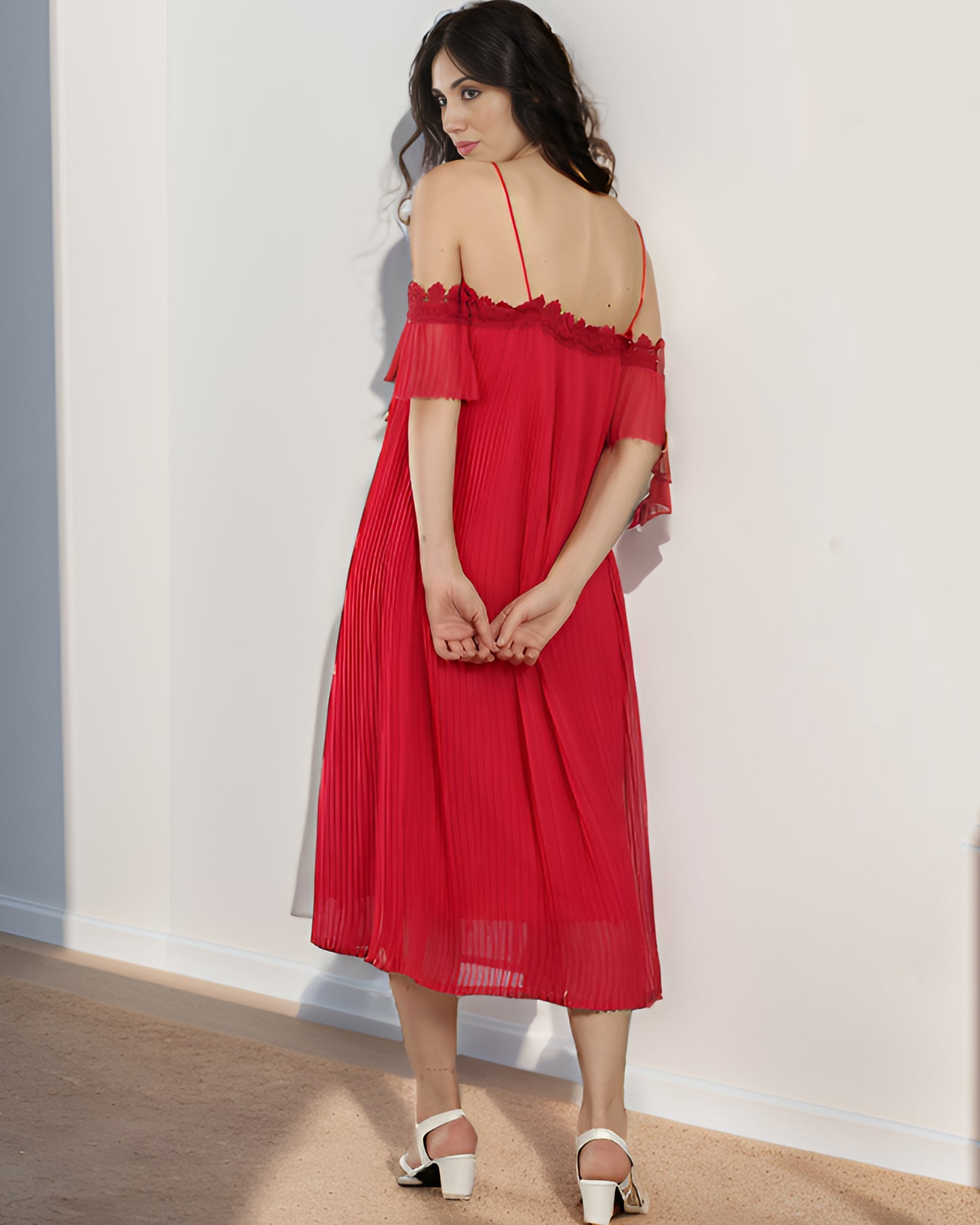 CLEARANCE - Red Cold-Shoulder Lace Dress