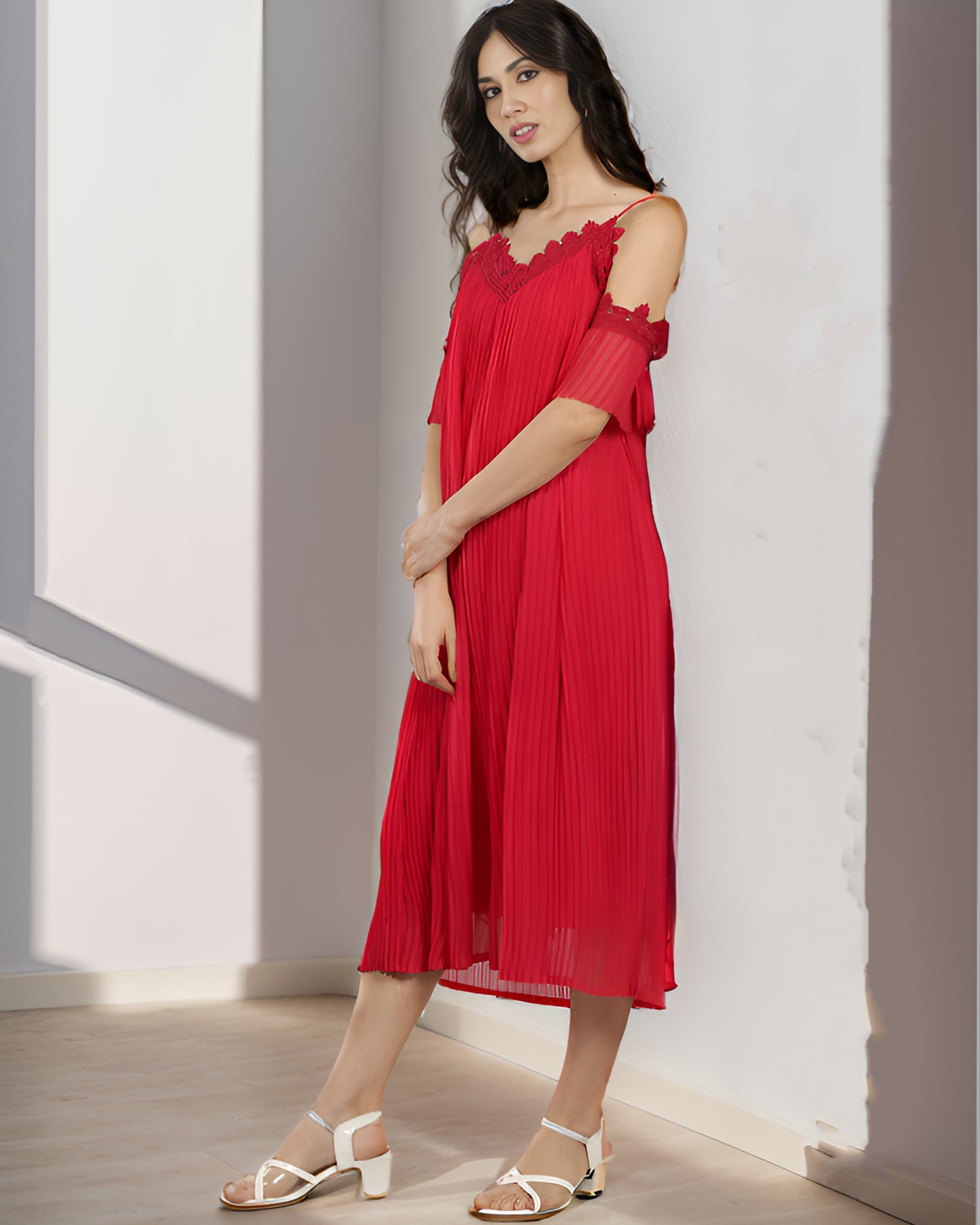 CLEARANCE - Red Cold-Shoulder Lace Dress