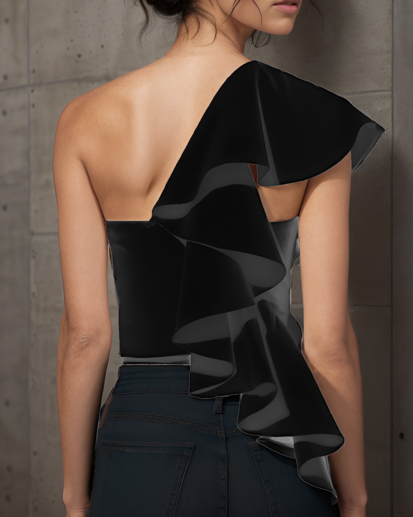 Black One Shoulder Ruffle Top