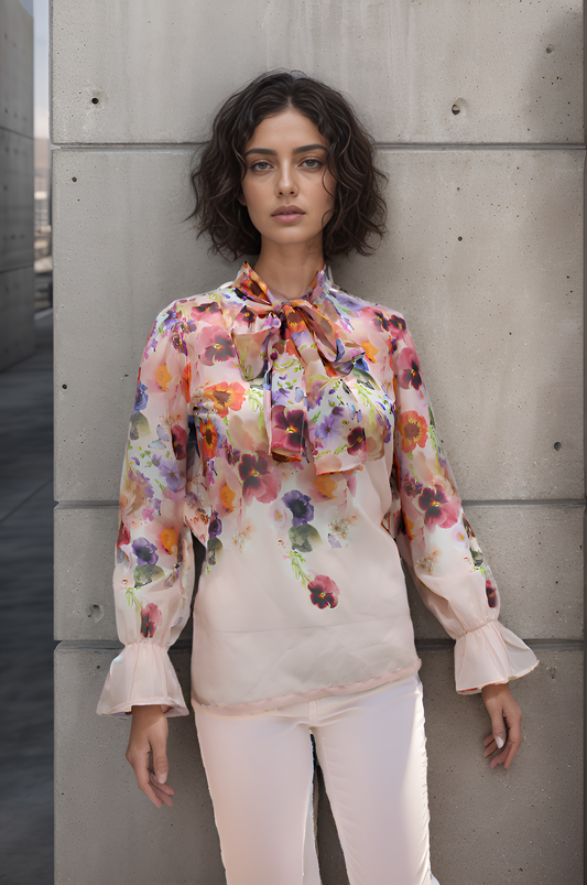 CLEARANCE - Flora Pussy Bow Blouse