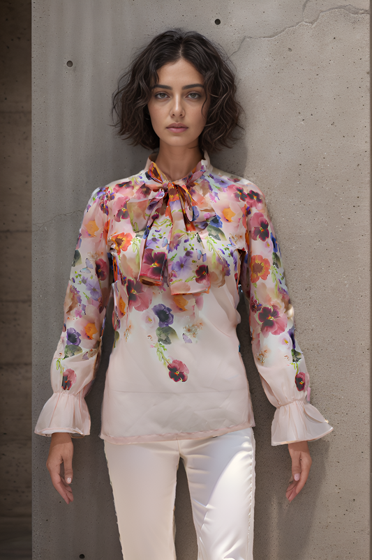 CLEARANCE - Flora Pussy Bow Blouse