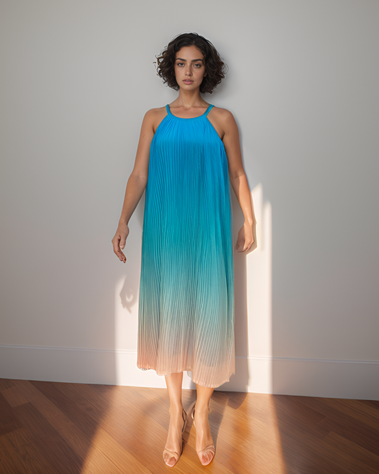 CLEARANCE - Ombre Pleated Blue White Spaghetti Dress