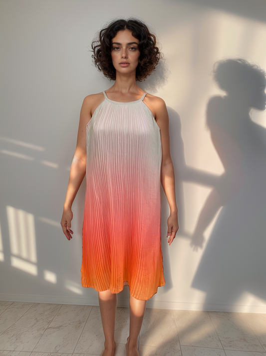 CLEARANCE - Ombre Pleated Peach Orange Spaghetti Dress