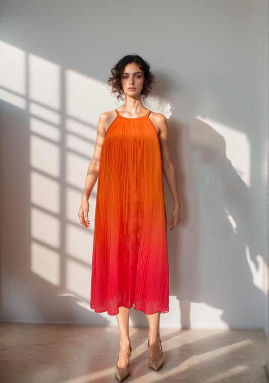 CLEARANCE - Ombre Pleated Orange Pink Spaghetti Dress