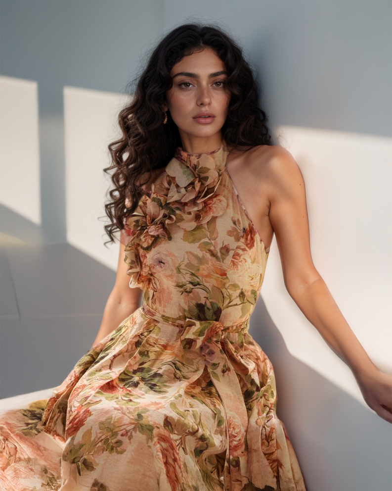 LUXE Floral Ruffle Halter Vintage Gown