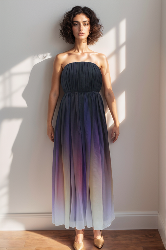 Midnight Black Purple Ombre Pleated Tube Gown