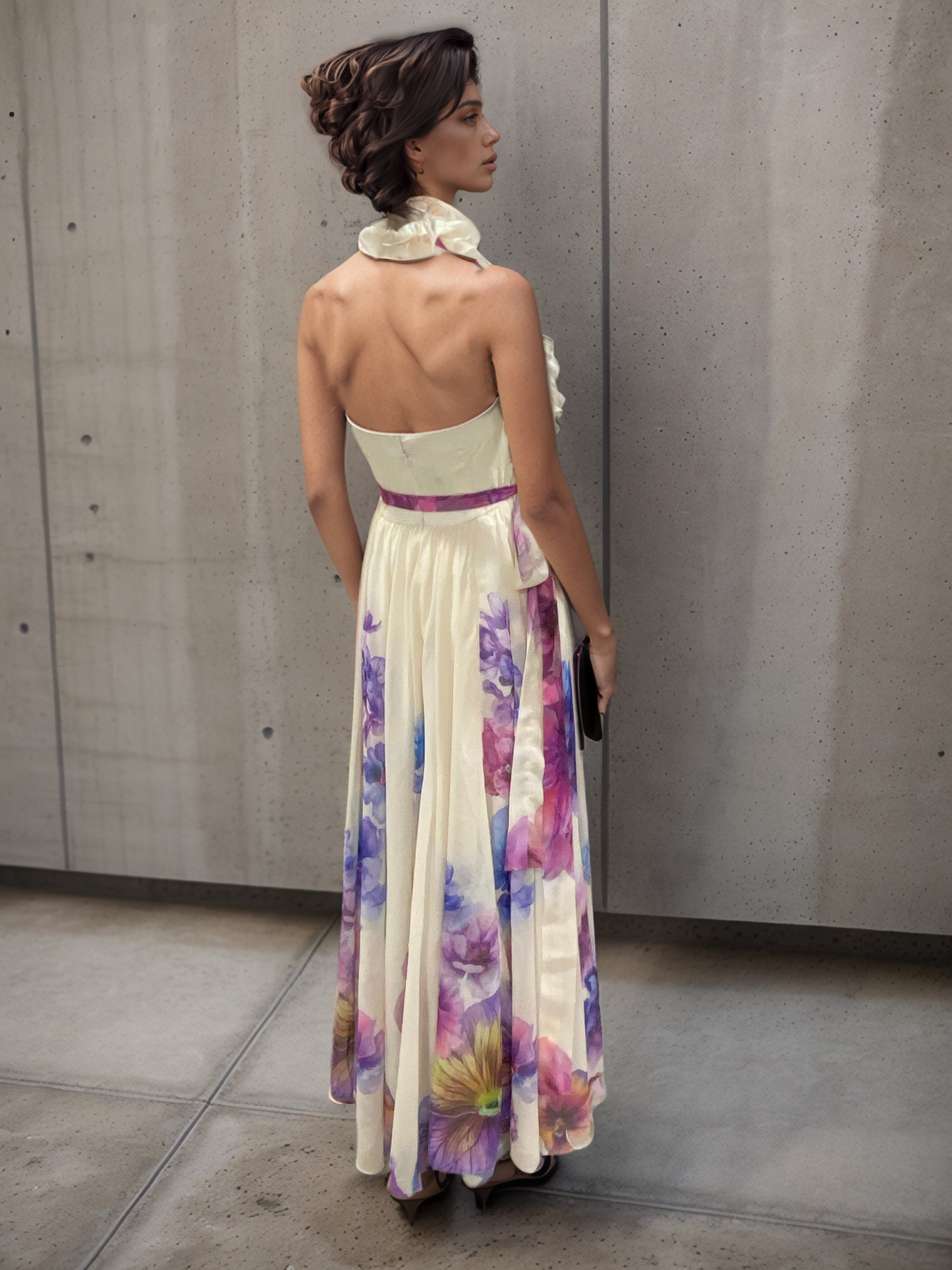FlowerPaint Ruffle Halter Gown