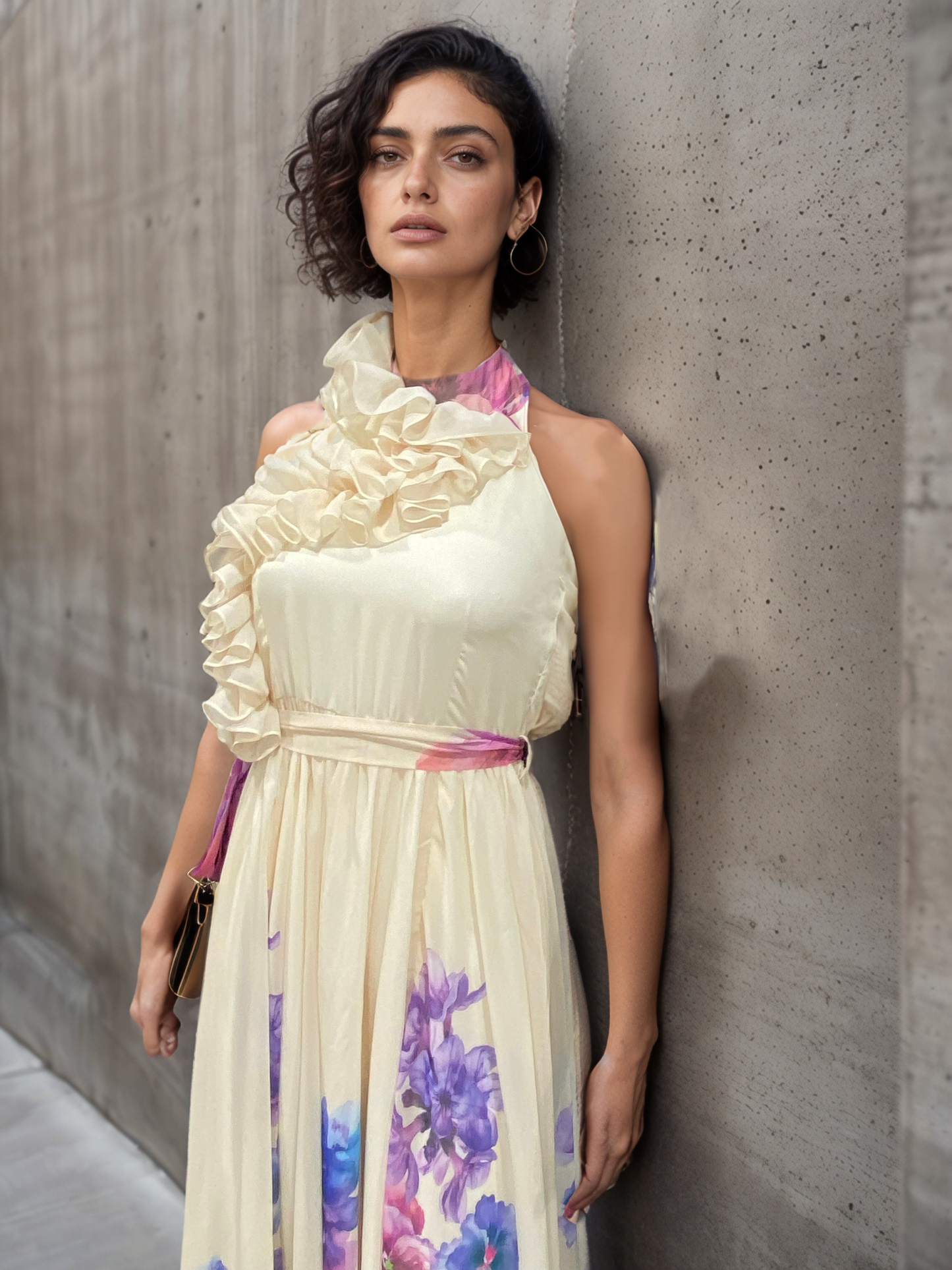 FlowerPaint Ruffle Halter Gown
