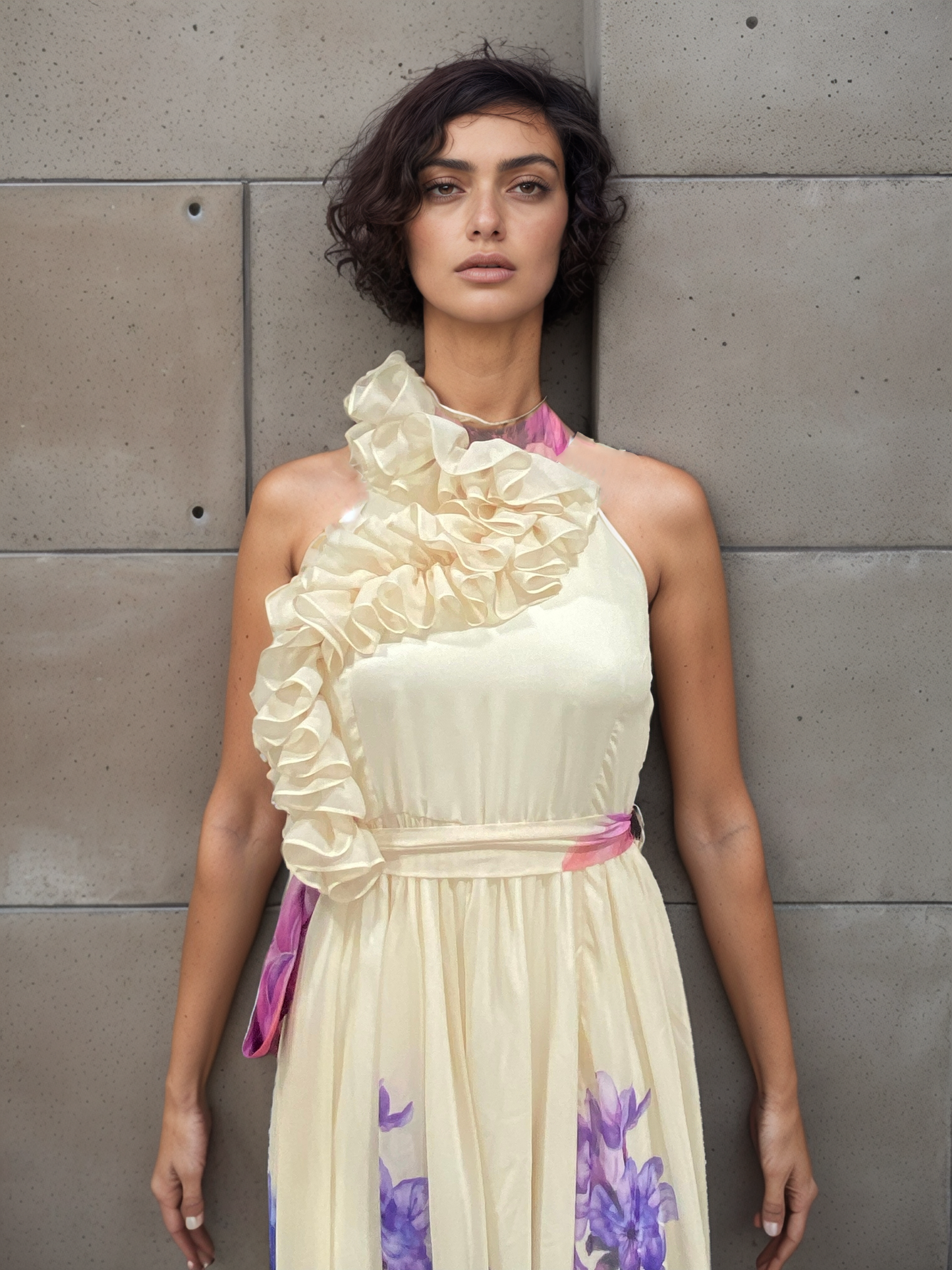 FlowerPaint Ruffle Halter Gown